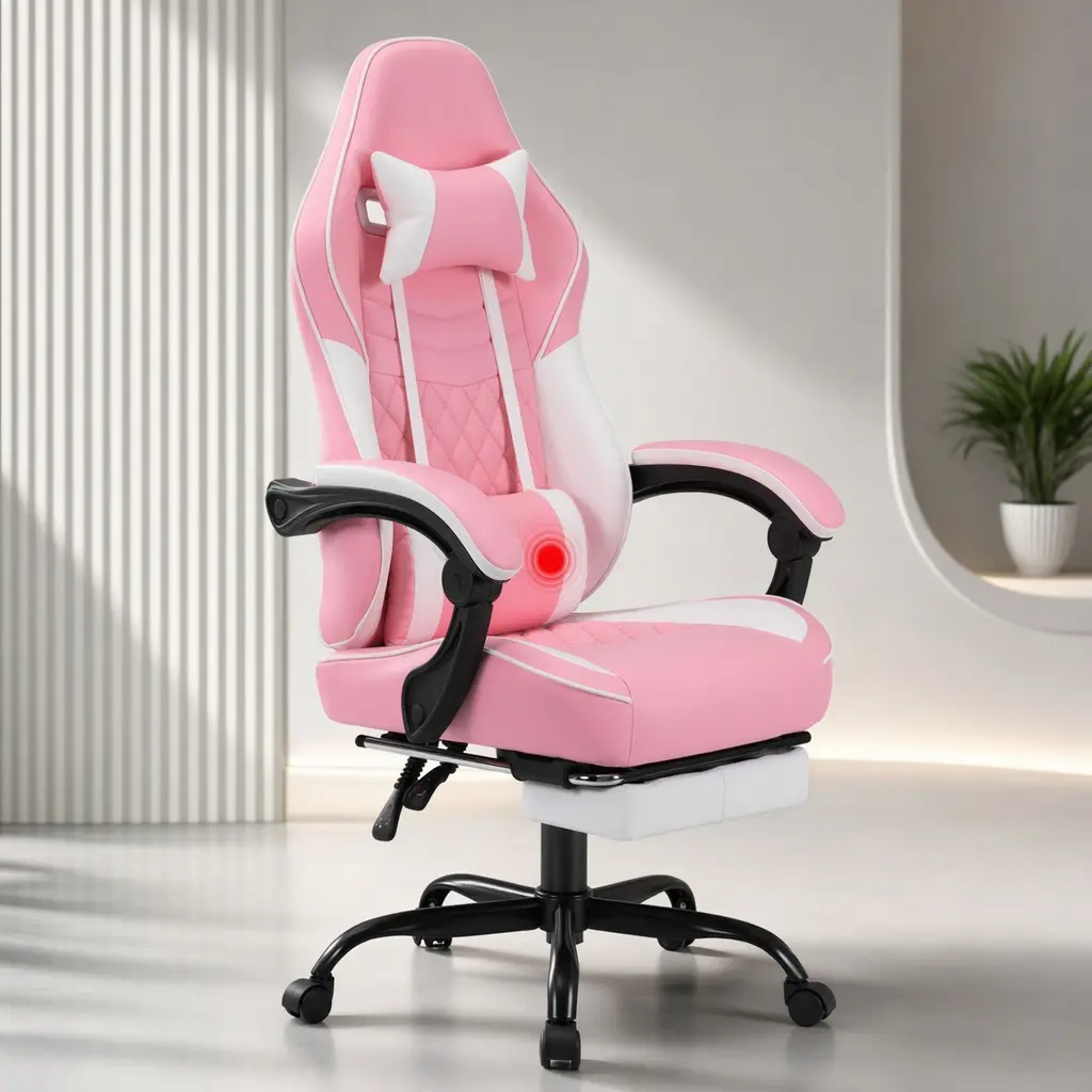 ARCH Ergonomic Racing Design Gaming Computer Chair - Rolling, Upholstery, Massage Lumbar Support with Lumbar Massager, Retractable Footrest, Adjustable Headrest & Armrests, High-Back for Adults, Pink White, Single Pack, Contoured Seat, Adjustable Headrest