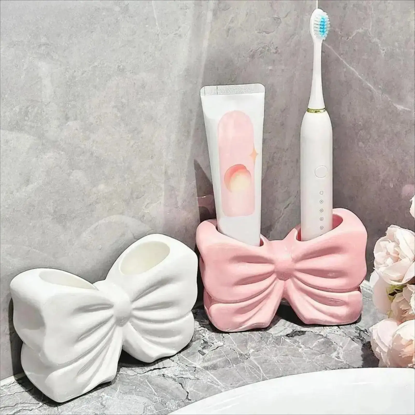 Cute Bow Ceramic Toothbrush Holder, Decorative Bathroom Counter Organizer, Multi-Use Storage for Electric Manual Brushes Toothpaste Razors & Essentials, Ideal for Home & Dorm