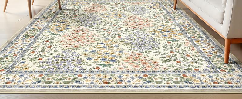 8x10 Area Rugs, Machine Washable Low Pile Floral Faux Cashmere Rugs for Living Room, Bedroom, Large Boho Area Faux Cashmere Rug with Non-Slip Backing for Dining Room(Beige Floral)