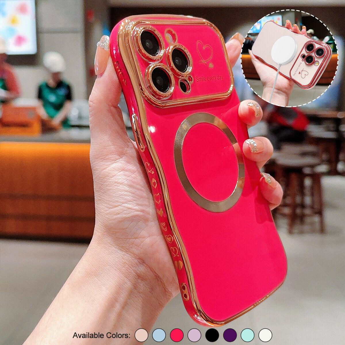 for iPhone 12 13 14 15 16 Pro Max Case Magnetic,for Women Girls Soft Cute Wave Frame Curly Shape Love Heart Luxury Plating Phone Case Compatible with MagSafe Shockproof Back Cover