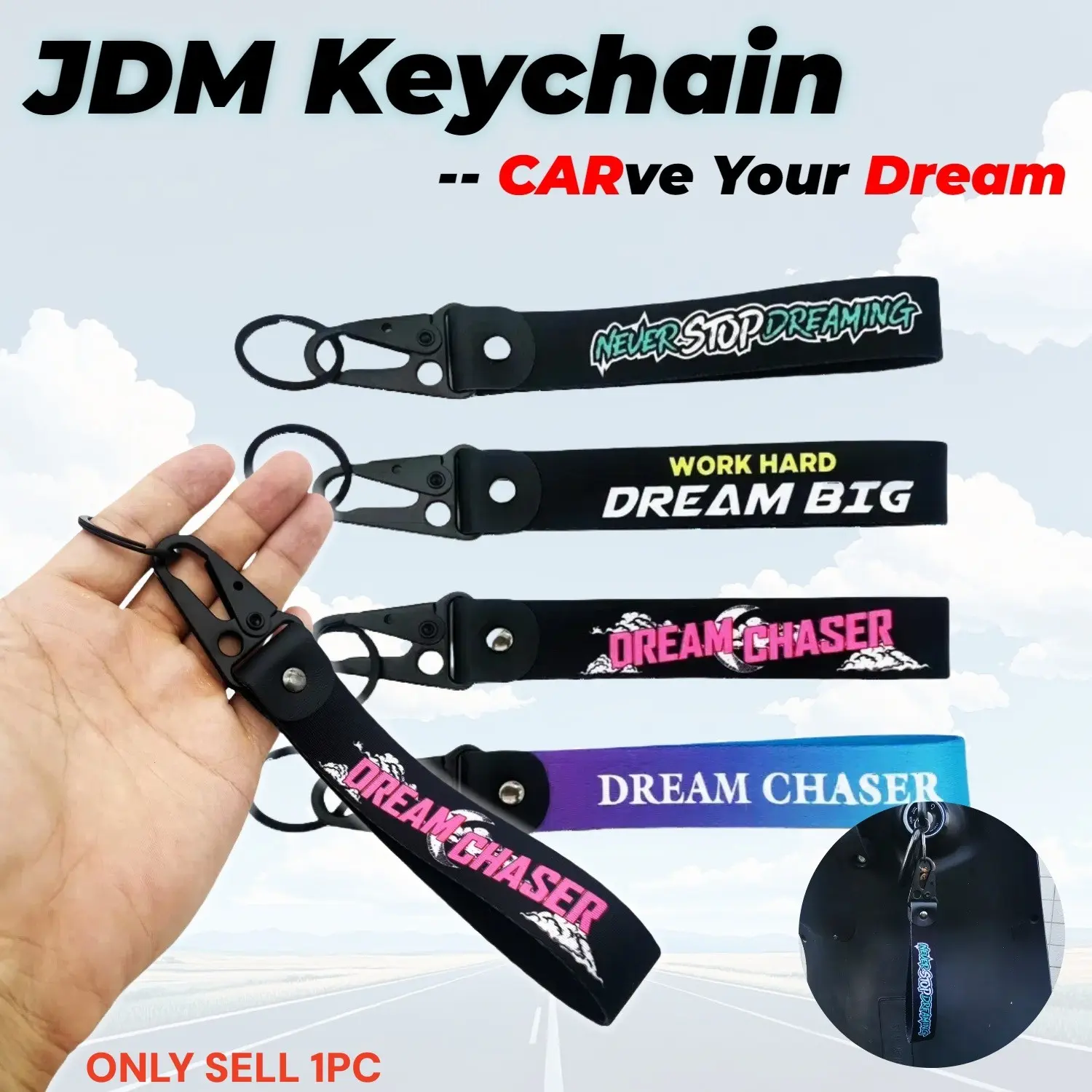 1pc New JDM Dream Chaser Slogan Style Keyring Car Keychain Featuring Wrist Lanyard & Backpack Hook  The Ideal Keychain for Men Pursuing Their Dreams on Motorcycles & Auto Accessories CARve Your Dream Multifunctional Keychain