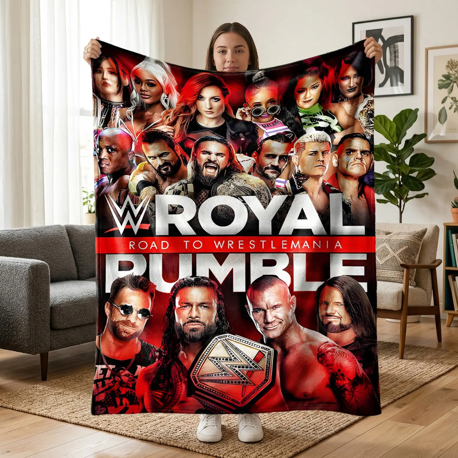 1pc WWE Royal Rumble Wrestler Fleece Blanket, Red Black Event Poster Multiple Superstars Championship Belt Print. Soft Warm Multi-use Throw for Sofa, Bed, Office, Game Room, Camping Trip, Ideal Christmas & Birthday Gift.