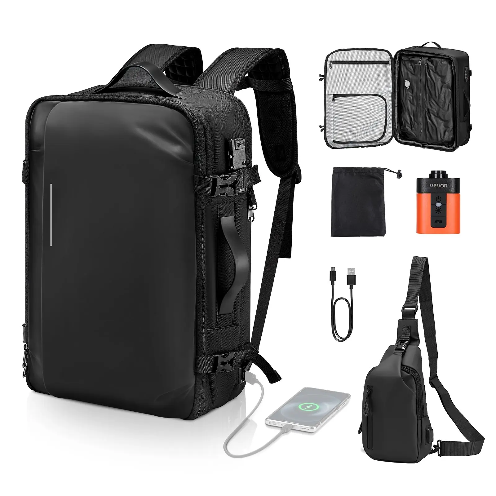 VEVOR 65L Expandable Vacuum Travel Backpack with Buckle, PVC, USB Port, Anti-Theft TSA-Approved Lock, Effortless Vacuum Compression Pump, Water-Resistant Airback Vacpack Carry-On Luggage for Pet Supplies Storage, Black