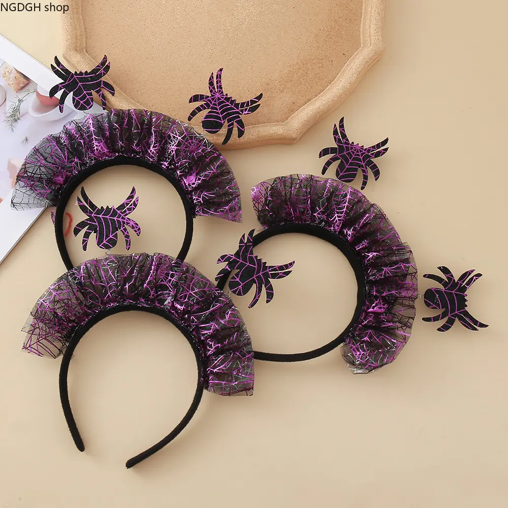 Gothic Halloween Spider Hair Headband Glitter Spiderweb Mesh Hair Hoop Spooky Costume Headpiece Black Purple Party Hair Accessory For Girls Women Halloween Cosplay Dress‑up