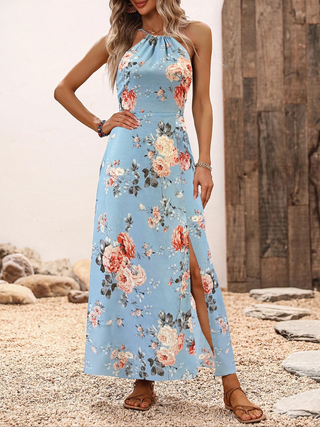Women's Floral Print Split Thigh Halter Dress, Elegant Boho Style Tie Back Design Long Dress for Spring Summer Fall