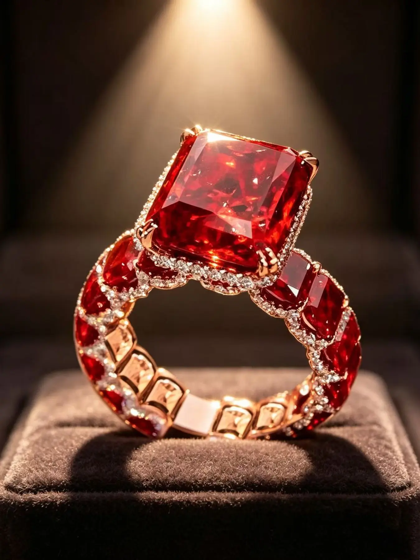 Elegant Zircon-Encrusted Rose Gold Ring, Ruby-Inlaid Women's Open Band, Perfect Holiday Gift Jewelry, Stylish Fashion Accessory