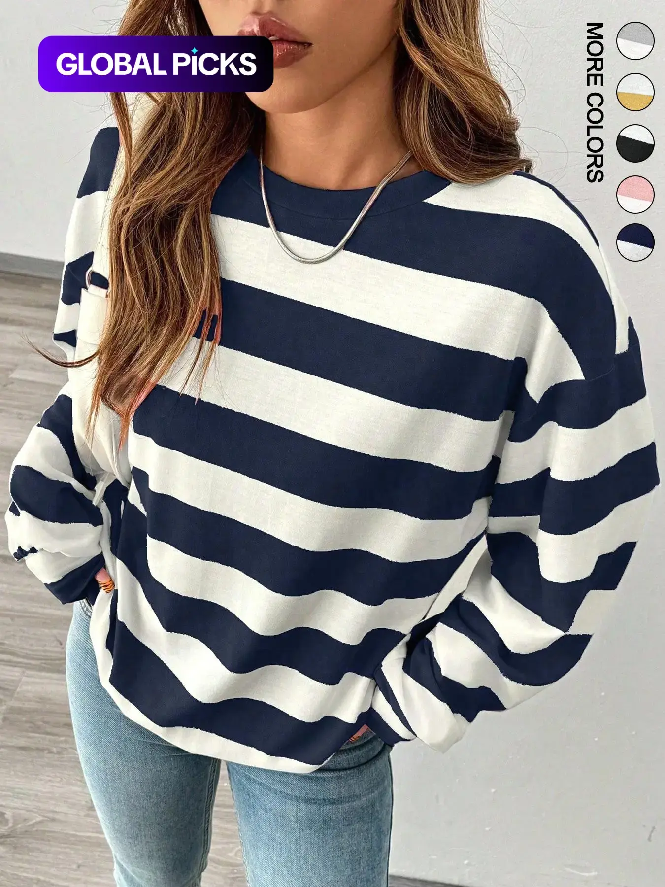 Women's Loose-Fit Oversized Striped Round Neck Long Sleeve Lady T-Shirt, Casual Stylish Tee Everyday Soft Comfort Top for Fall & Winter