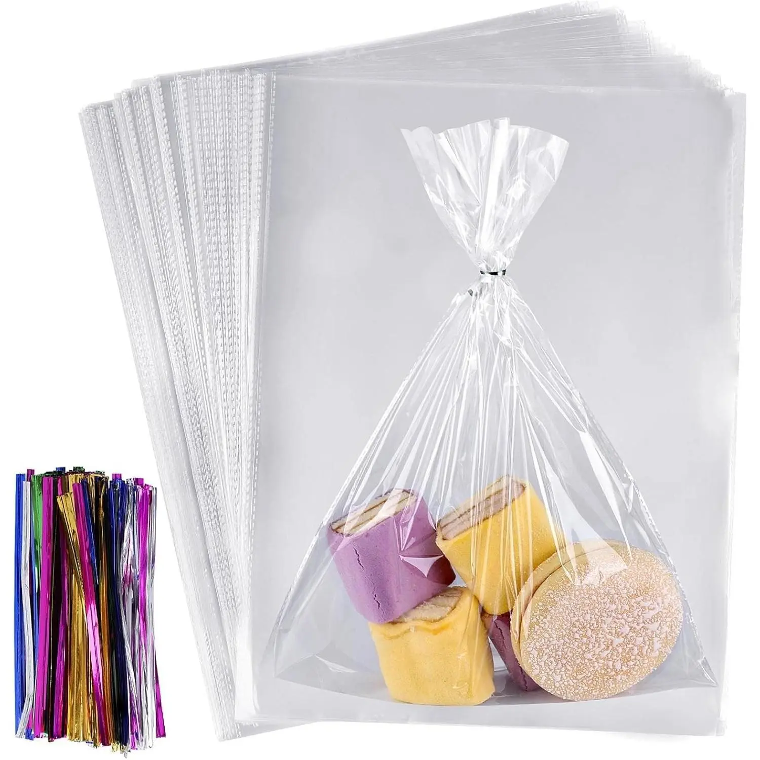100Pcs Cellophane Bags 12"x16" Clear Plastic Bags with 100Pcs Twist Ties for Gifts, Party Favors Packaging(30.5cm x 40.6cm)