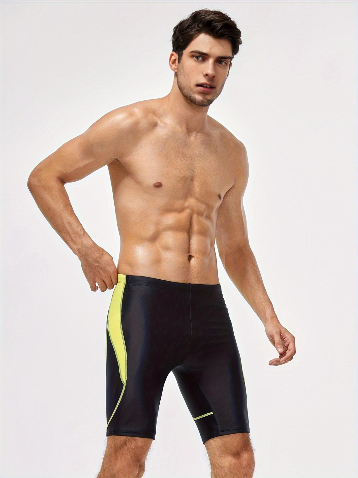 NewBdhjydb Men'S High-Elasticity Swim Trunks - Athletic Swimming Shorts with Contrast Color Accents, Black & Yellow, Quick-Dry Fabric for Beach, Pool, and Sports Activities, Swim Trunks, Poolside Apparel, Sleek Swimwear, Durable Swimwear