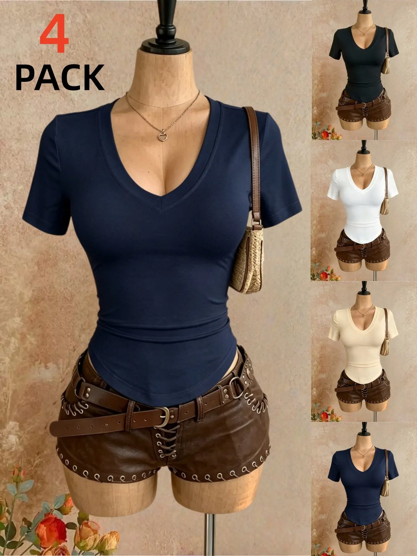 Sexy Deep V-Neck Slim Fit Short Sleeve Top, Elastic Curved Hem, Casual Daily Wear, Basic T-Shirt Set of Four Pieces