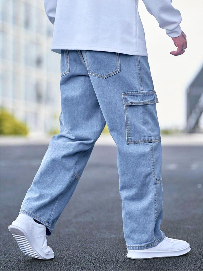 Men's Solid Flap Pocket Cargo Jeans, Loose Casual Street Fashion Denim Pants for Daily Wear, Men's Trousers for All Seasons
