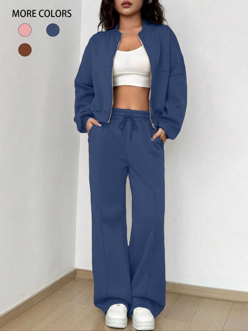Women's Solid Zip Up Crop Jacket & Drawstring Waist Pants Two-piece Set, Casual Fashion Drop Shoulder Long Sleeve Top & High Waist Trousers for Daily Outdoor Wear, Women's Clothing for Spring & Fall