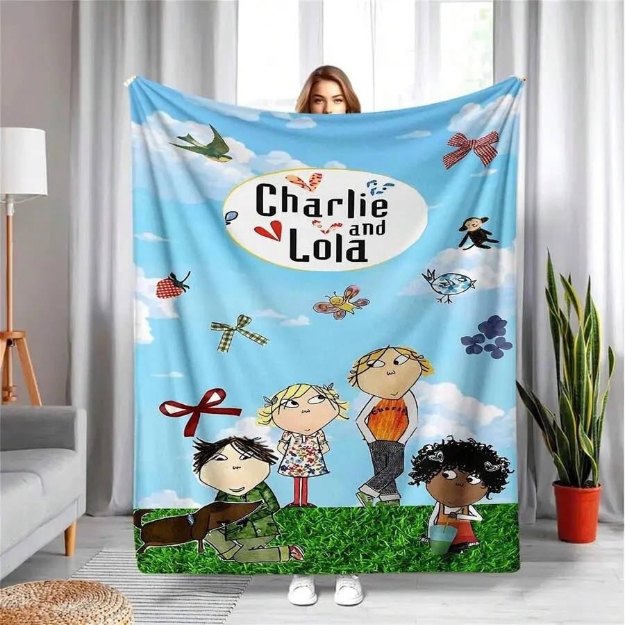 Charlie and Lola Cartoon Kids Flannel Throw Blanket Blue Sky White Cloud Grass Print Cute Child Character Decor Blanket Gift For Toddlers Children