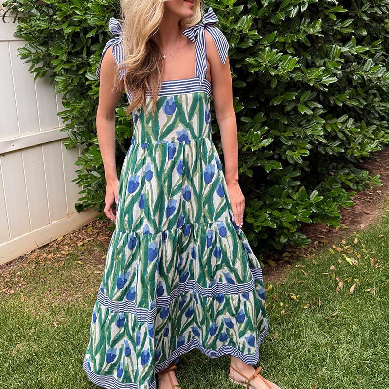 Women Summer Maxi Dress with Pockets 2025 Spaghetti Strap Sundress Casual Flowy Boho Dress Floral Tiered Beach Dress