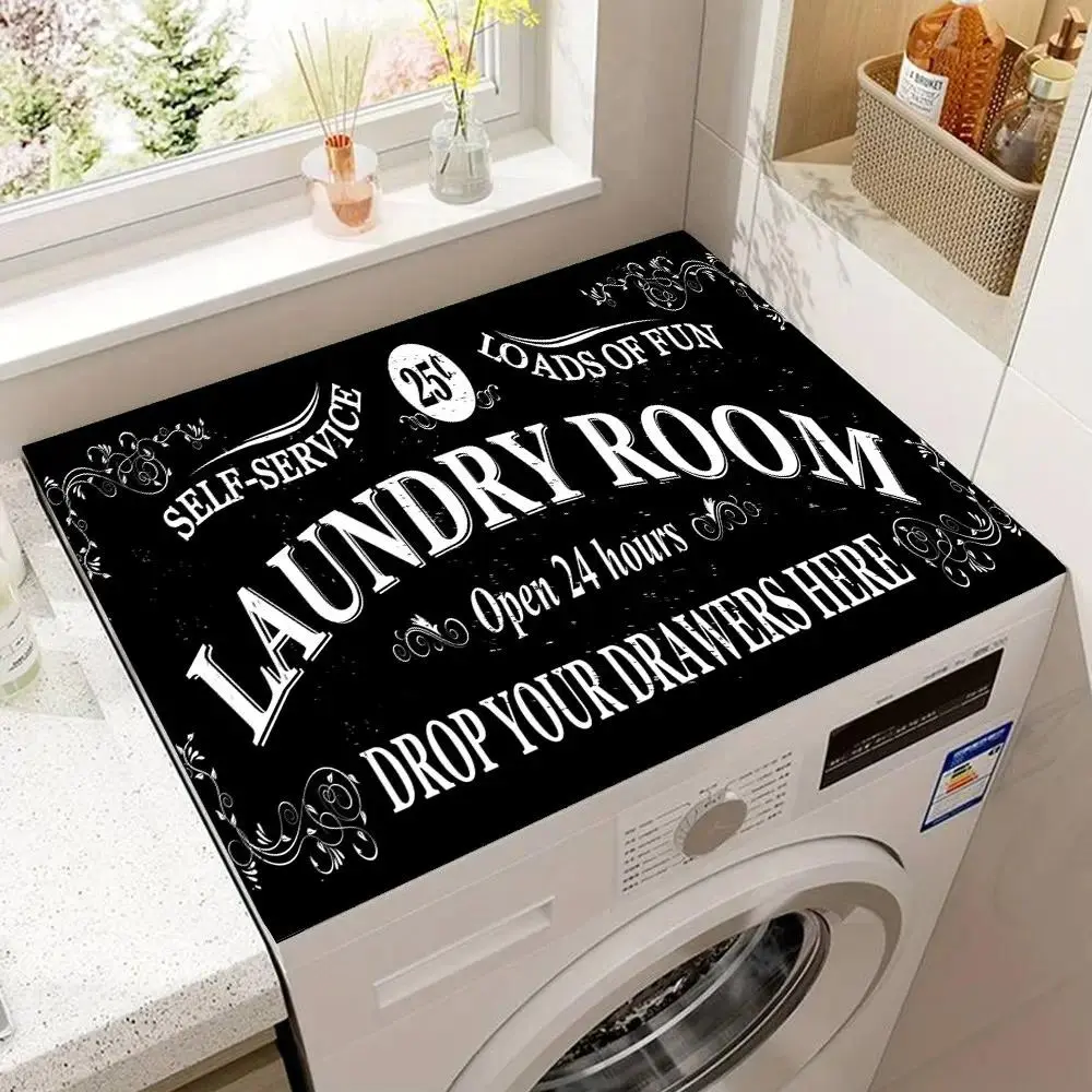 Laundry Room Letter Pattern Dustproof Machine Washable Cover, Household Dust Cover, 1 Count Washing Machine Cover, Soft Water Absorbent Mat for Bathroom Kitchen