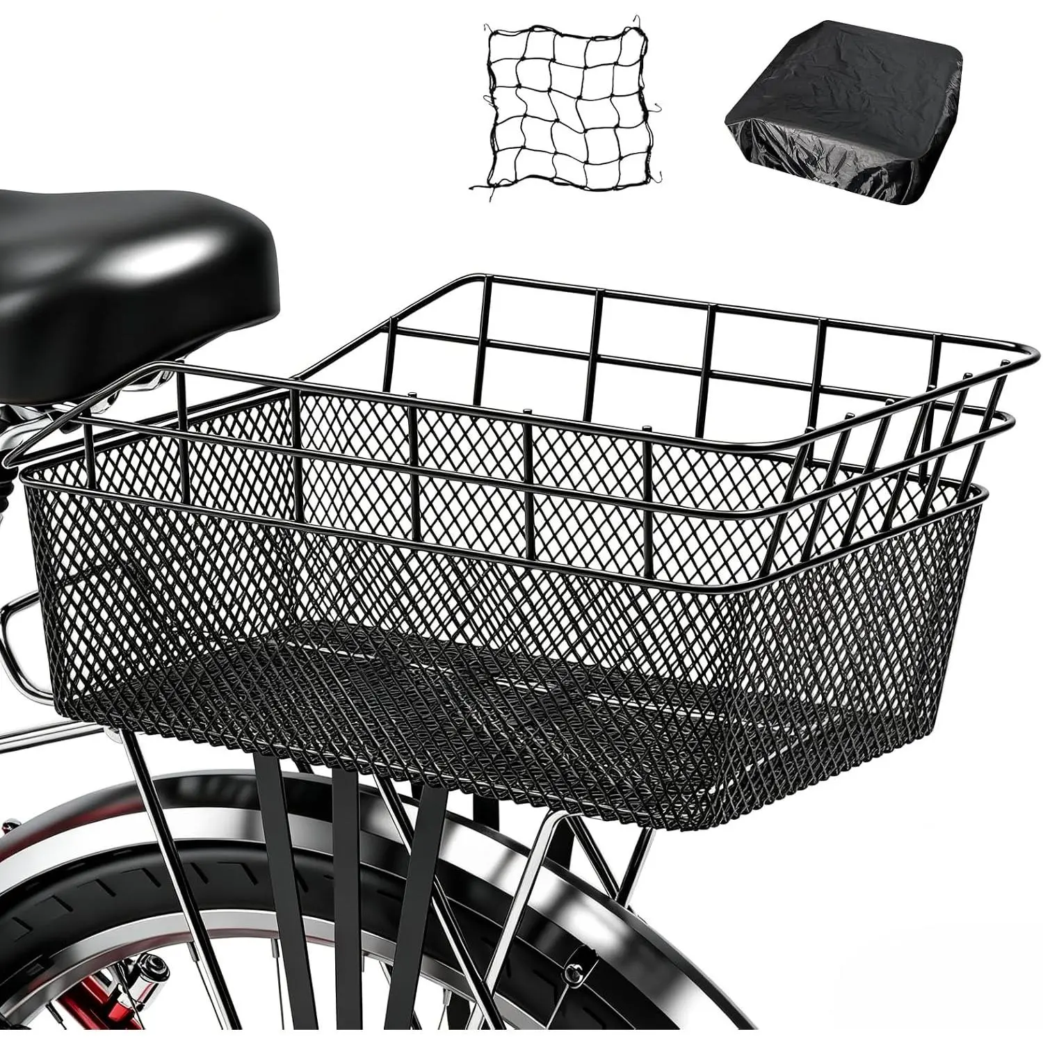 Large Size Rear Bike Basket with Heavy-Duty Rack, Cargo Net & Waterproof Cover – Cycling Storage for Groceries, Pets & Daily Rides