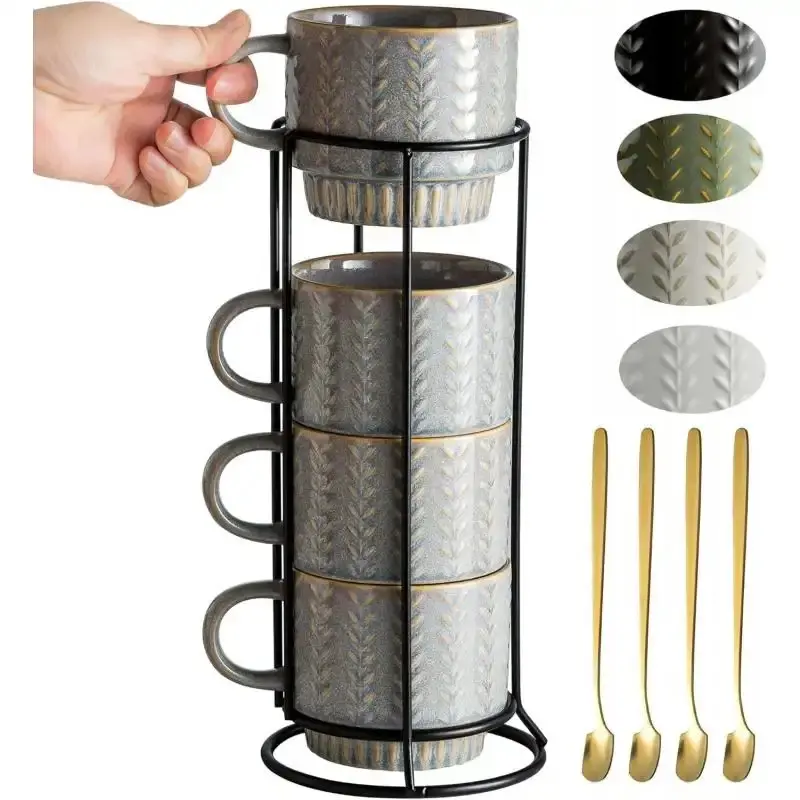 13oz Stackable Coffee Mugs Set of 4 with Spoons & Stand, Coffee Cup for Latte, Cappuccino, Tea, Dishwasher Safe Home Supplies, Ideal Birthday Gift Ideas for Couples-L