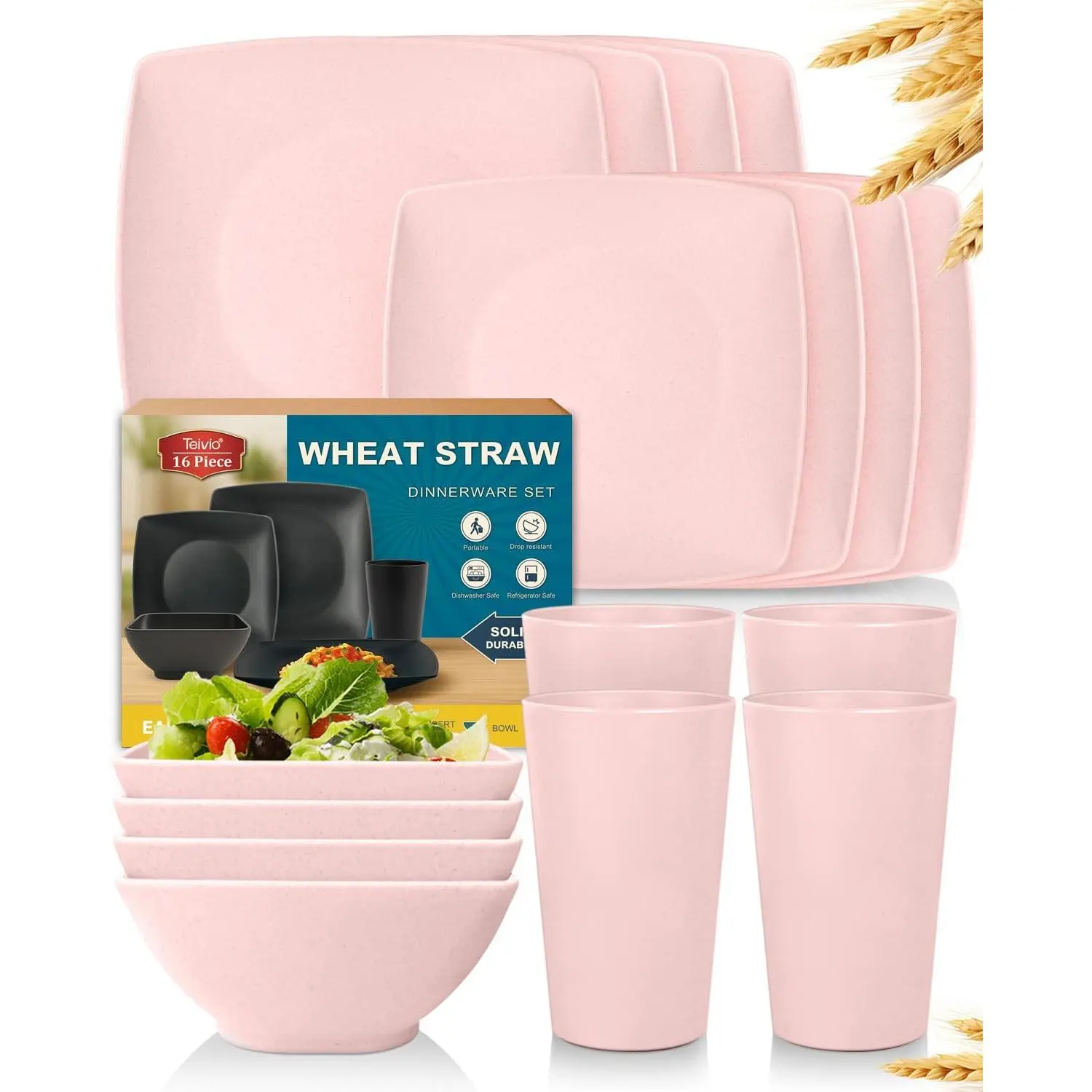 16-Piece Pink Tableware Set, Square Wheat Straw Plastic Dinnerware for 4 - Unbreakable Plates, Bowls & Tumblers, Dishwasher Safe for Camping & RV, Dinnerware Sets, Square Shape