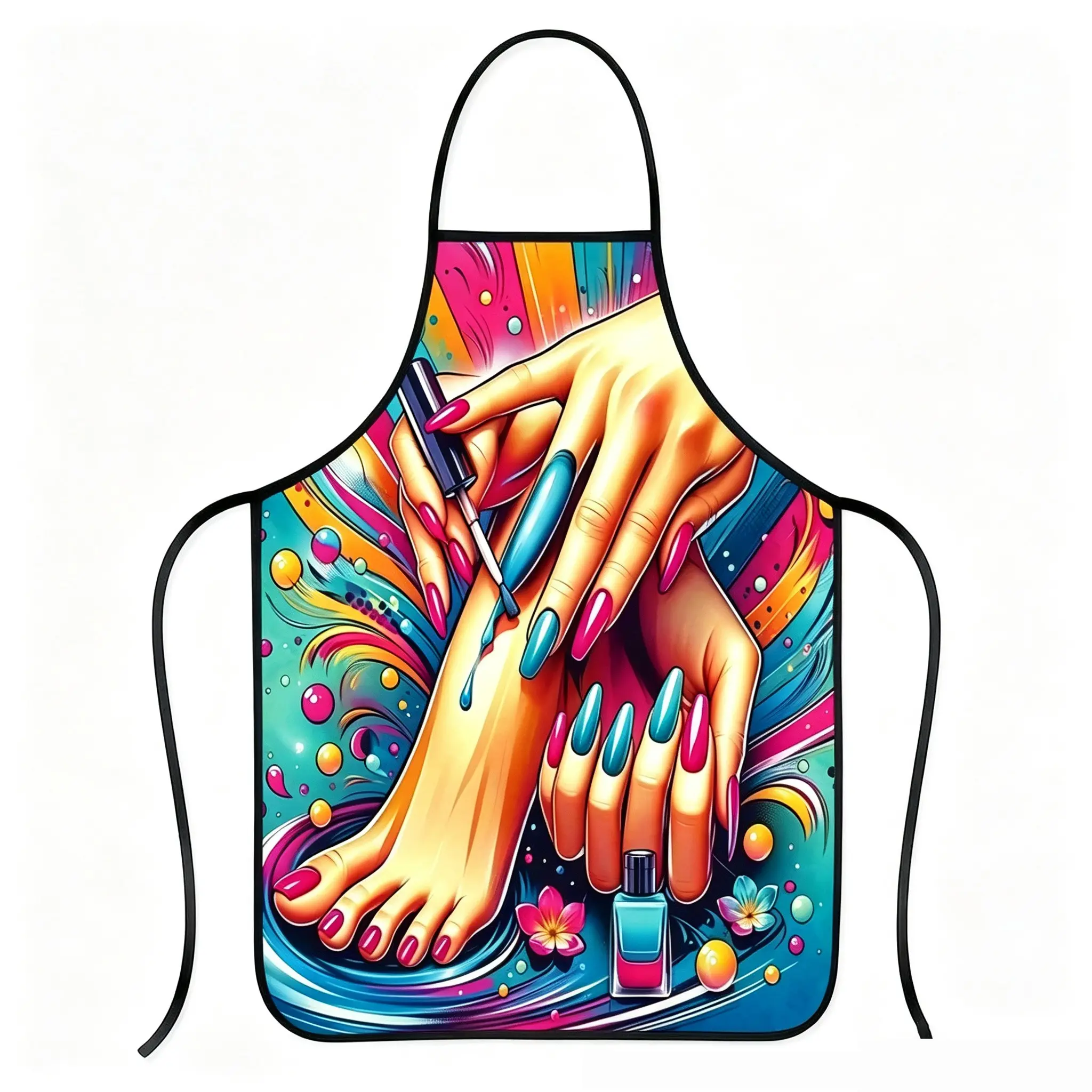 Vibrant Pop Art Nail Apron, Colorful Nail Art, Floral Bubble Print, Strap, Ideal for Nail Salons, Beauty Studios, Nail Technicians