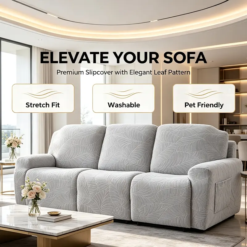 Fashionable  Chaise Lounge Cover Set with Recliner Sofa Protector Large Leaf Design Washable Furniture Protector for Pets Kids