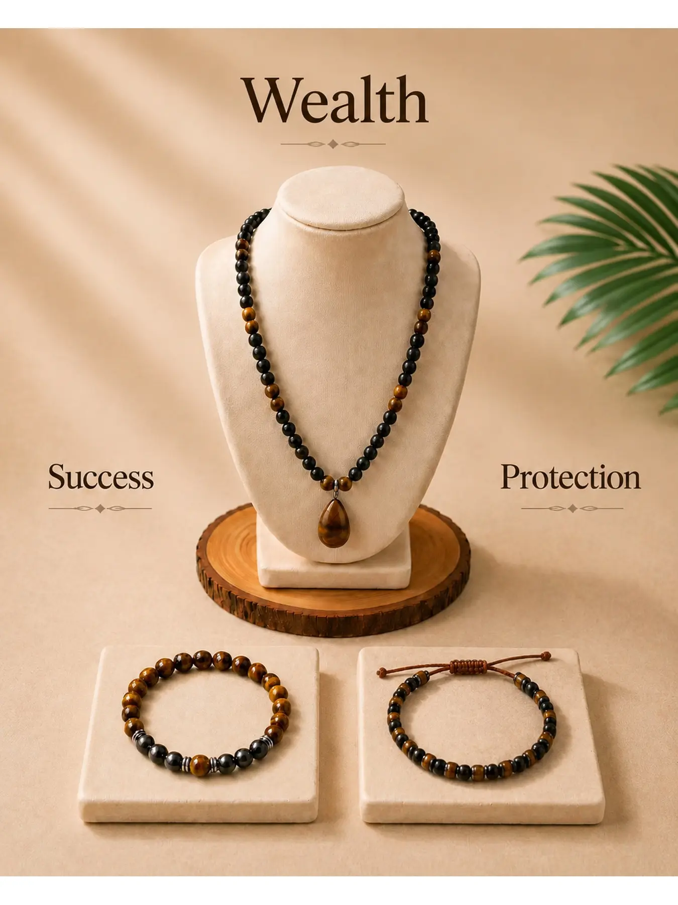 Black Obsidian & Tiger Eye Necklace and Bracelets for Men and Women, Crystal Stone Pendant on a Long Sweater Chain, Money Attraction Abundance Charm, Protection Jewelry encouragement gift fashion Ideal Jewelry Gift(3PCS)