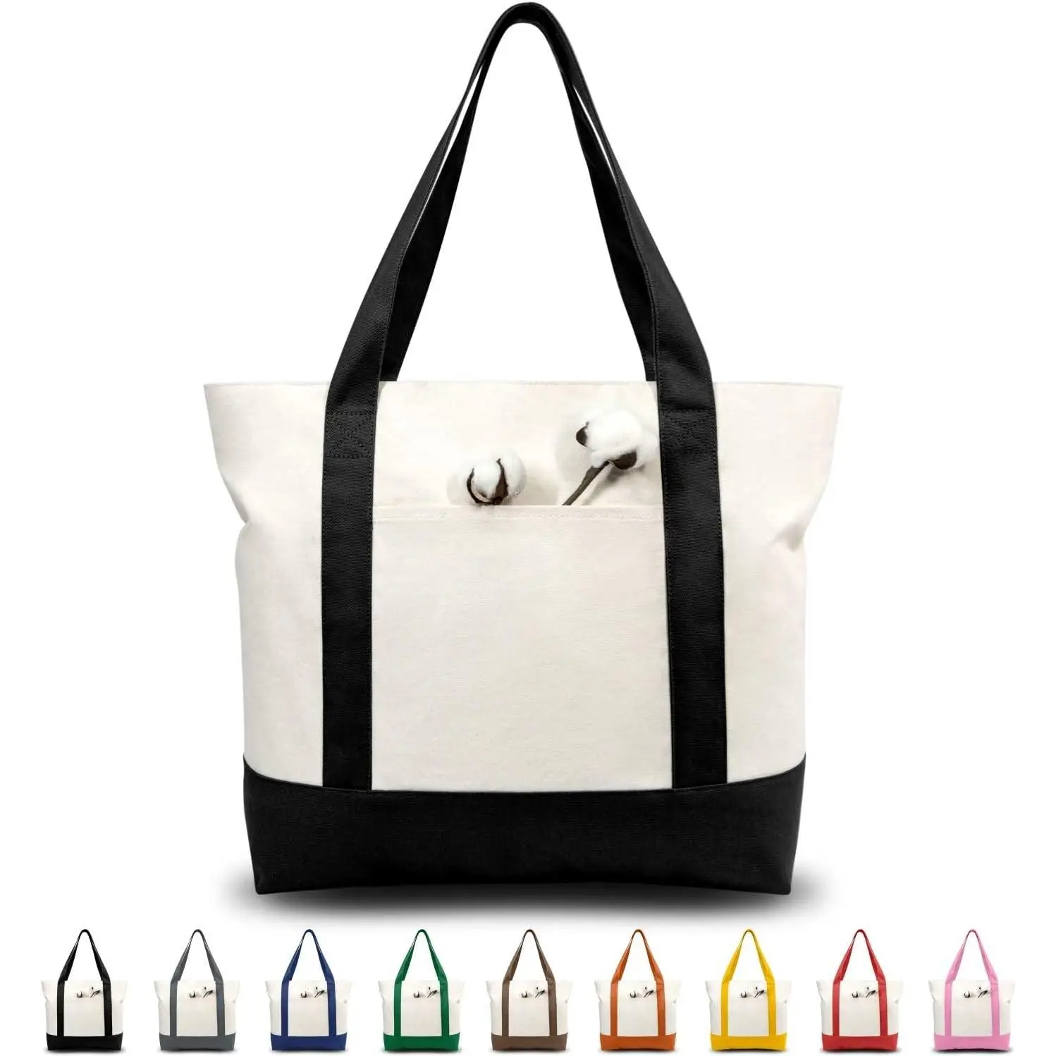 1 | 3 | 6 | 30 Pack Canvas Tote Bag with an External Pocket, Reusable Grocery Shopping Bag, Top Zipper Closure, Daily Essentials (Black/Natural Pack of 1)