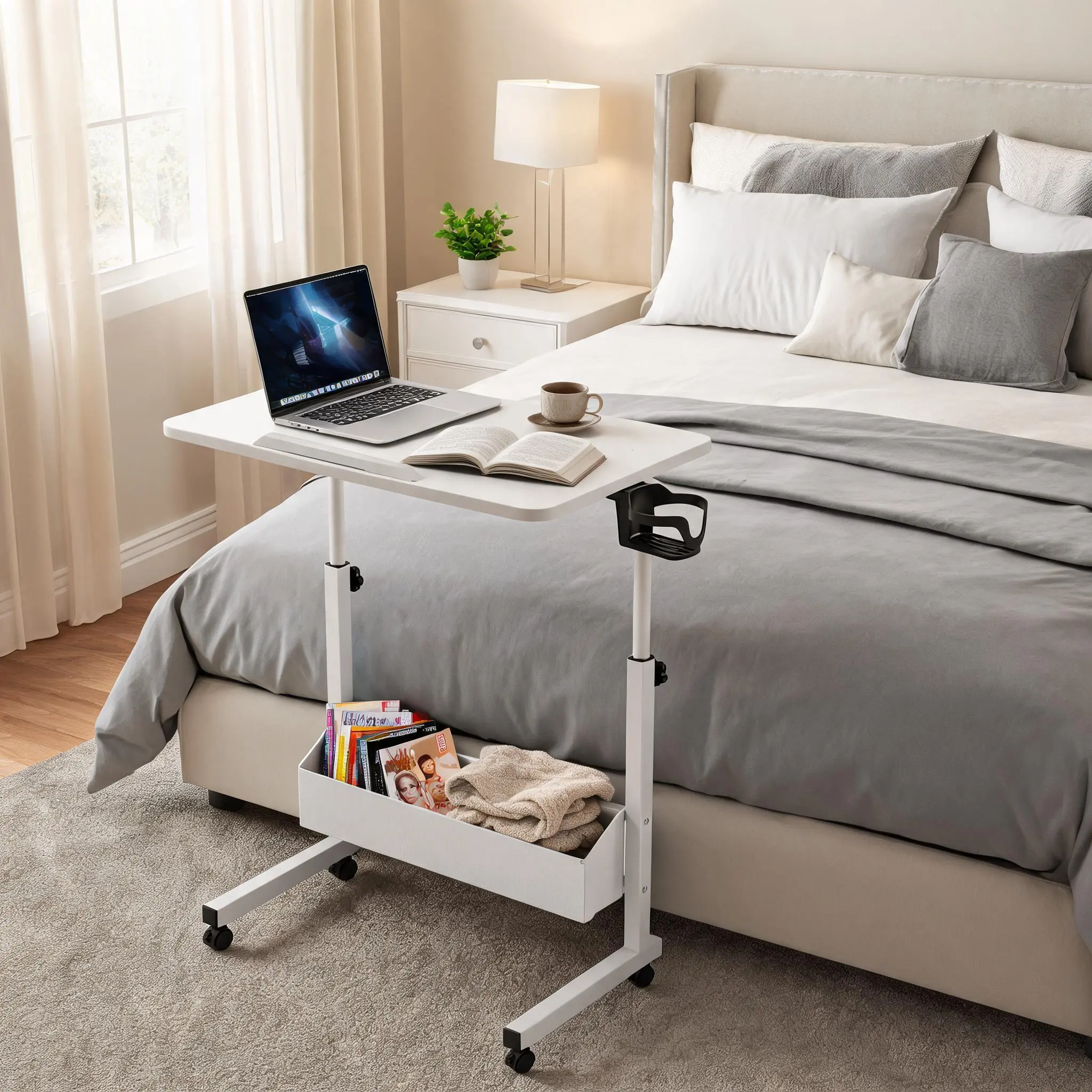 Rolling Folding TV Tray Table, Height & Tilt Adjustable Mobile Side Laptop Desk with Lockable Casters,Wood Sofa Eating Table for Bedroom Living Room Office