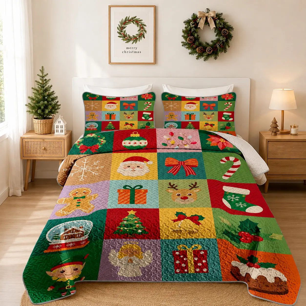 [Back to School] 3-Piece Christmas Santa Reindeer & Gingerbread Quilt Set, Festive Patchwork Bedspread with 2 Pillow Shams, Soft Lightweight Wrinkle-Resistant Breathable Fade-Resistant All-Season Bedding for Queen/King Beds, Holiday Bedroom Decor
