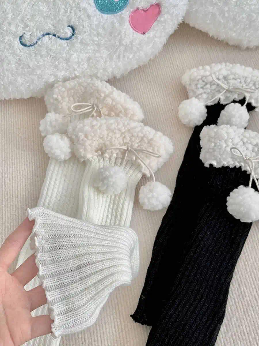 JK Leg Heaters Knitted Lamb Plush Ball Sock Lolita Thickened Winter Warm Socks Foot Cover Woolen Ball Stocking Women Leg Warmers