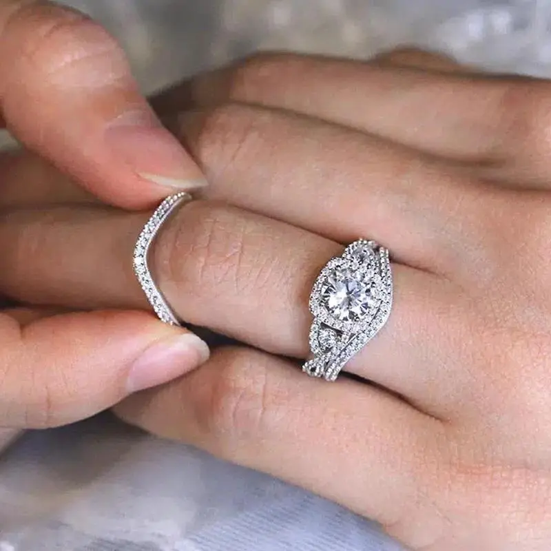 Gorgeous 3Pcs Ring Set for Women – Brilliant Cubic Zirconia, Silver Tone Luxury Jewelry for Wedding, Engagement, Party, Gift for Her, Elegant Fashion Accessories