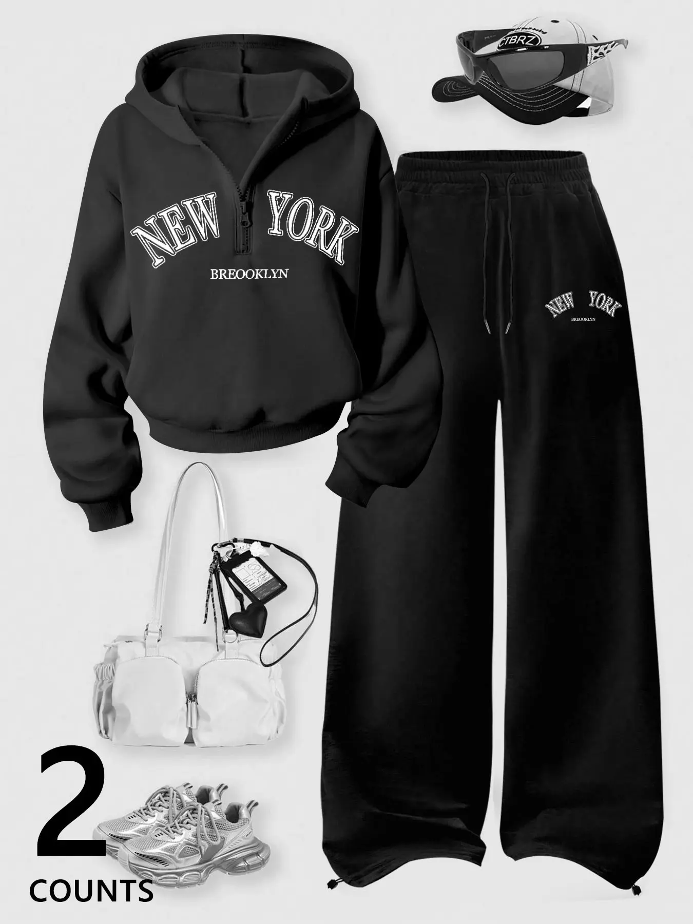 Women's Brooklyn Letter Two-Piece Set, Casual Loose-Fit Hoodie and Pants, Retro Print, Soft Warm Fabric, All-Season Wear