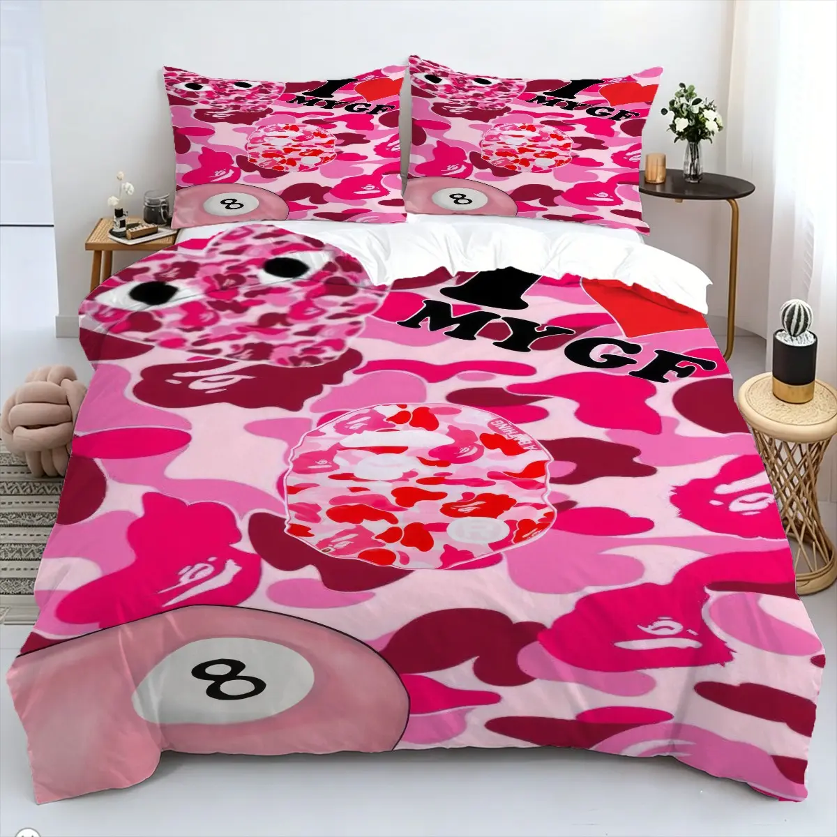 2/3pcs Trendy Pink Camo Monkey 8 Ball Duvet Cover Set, No Filling – Print Bedding Set, Great for Y2K Aesthetic Bedroom, Teen Girly Trendy Hangout Space, Apartment, Pink Camo Monkey 8 Ball Street Content‑Shooting Background, Printed Bedding Set