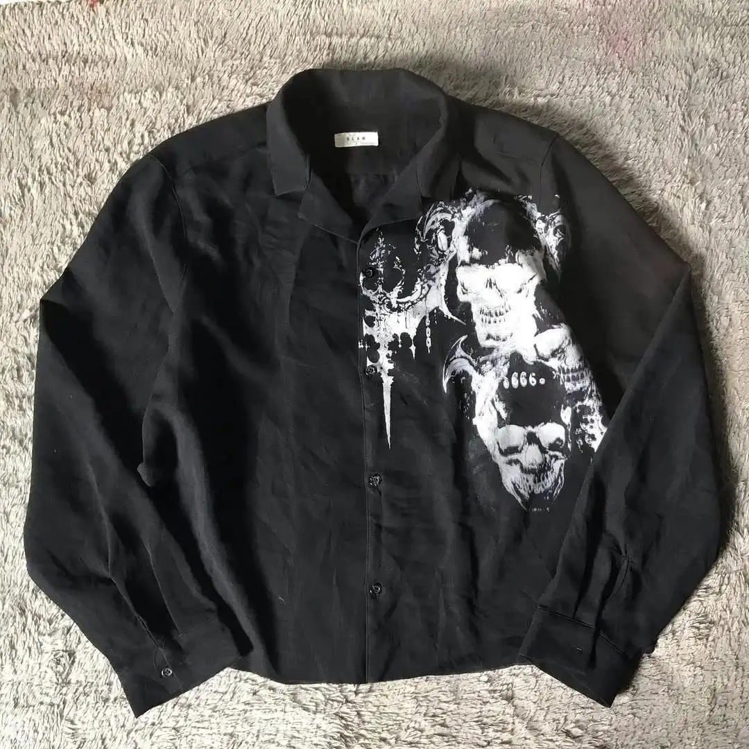 Y2K New Harajuku Black Shirt Affliction Retro V-neck Shirt Men Skull Holy Writ Skull Printing Tee Fashion Goth Long sleeves Tops