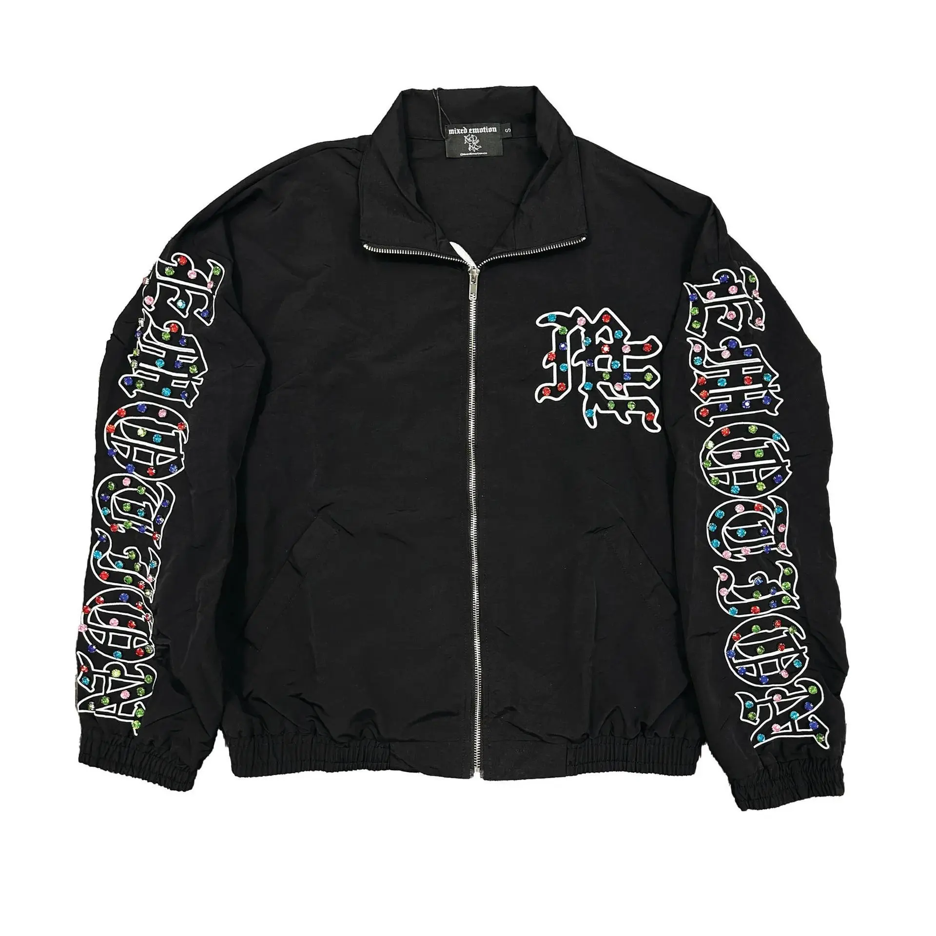MIXED EMOTION Unisex Y2K Streetwear  ME Rhinestone Nylon Zip-Up Jacket, Lightweight Sparkle Windbreaker Outerwear, Trendy Casual Coat, Sizes S-2XL