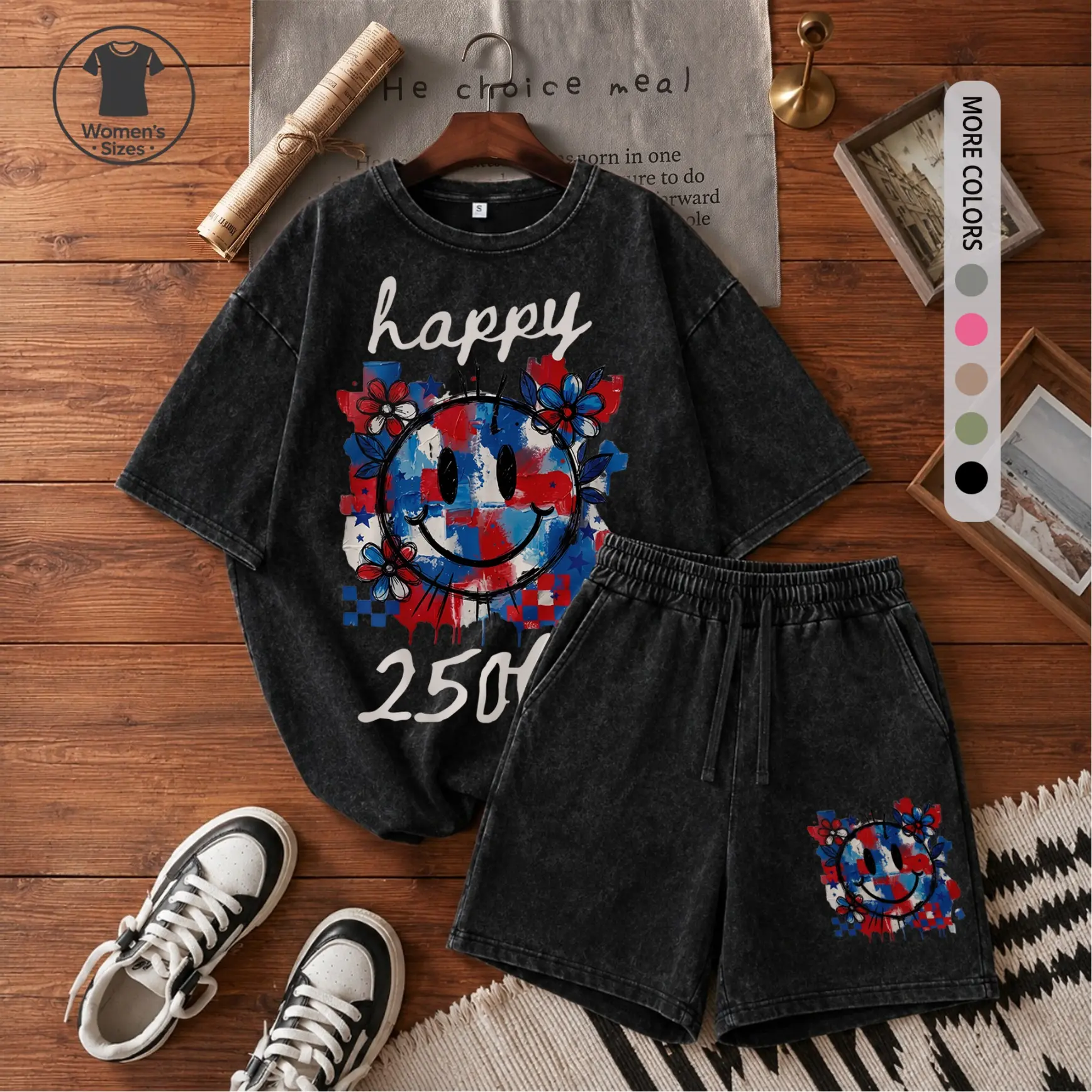 Women’s 100% Cotton Happy 250 Graphic Washed T-Shirt & Bermuda Shorts Set, Casual Crew Neck Two-Piece Outfit With Drawstring Waist, Soft Vintage Look