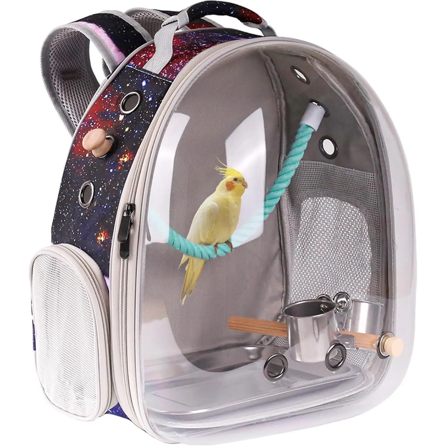 Bird Carrier Backpack with Perch - Bubble Backpack for Conures, Budgies and Small Parrots, Ideal for Vet and Outdoor Adventures (Galaxy Blue, Large)