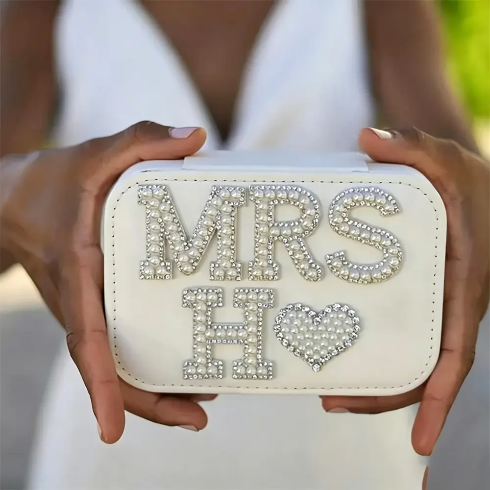 Pearl Initial Mrs A-Z White Jewelry Box Organiser, Box with Lid Bridal Shower rustic beach destination Wedding engagement Honeymoon Travel Bachelorette decoration bride to be Gift Present