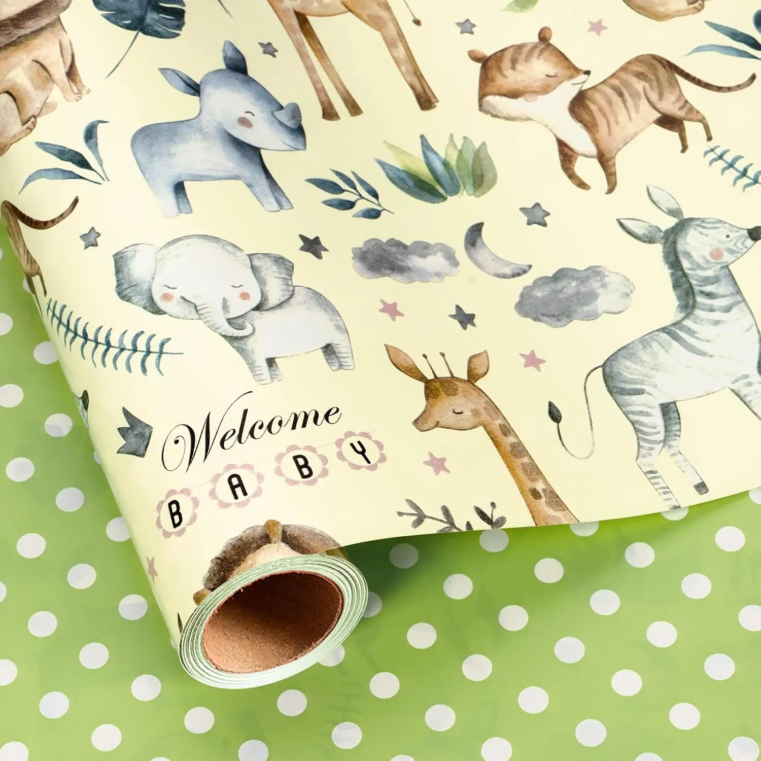 Jungle  Wrapping Paper Roll,  Shower Wrapping Paper for Neutral , Cute Safari  Wrap with Elephant Giraffe  Lion Design for ' Birthday, Party (17 In X 16.5 Ft)