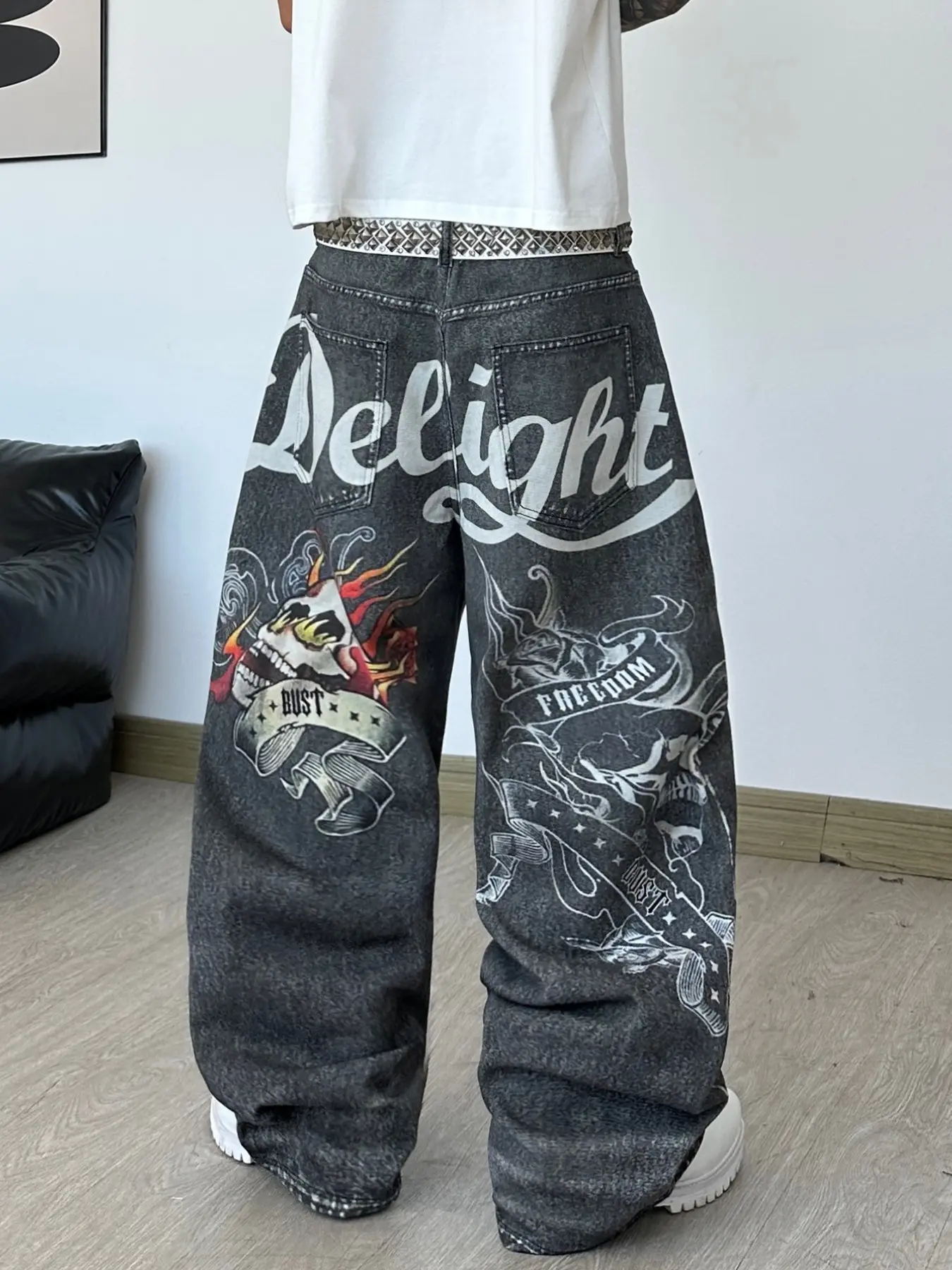 Men's Jean Pants, Unique Graffiti Letter Skull Print Straight Leg Wide Leg Oversized Baggy Jeans, Y2K Street Hip Hop Fashion, Loose Fit