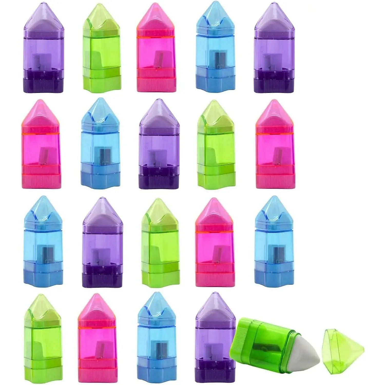 20 PCS Manual Pencil Sharpener with Eraser-2 in 1 Single Hole Triangular Shape Handheld Crayon Sharpener with Receptacle and Eraser for School, Office and Home Supplies Triangular Shape Pencil Sharpeners Bulk, Colorful Handheld Sharpener for School O