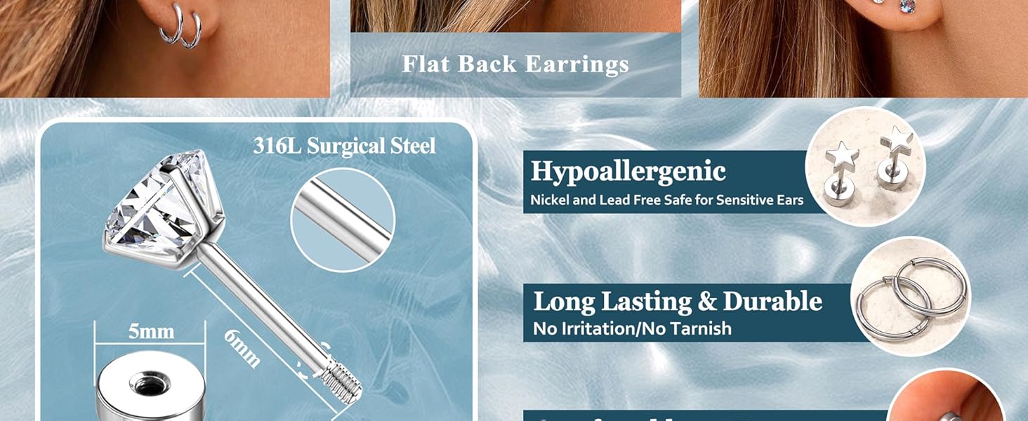 Jstyle Hypoallergenic Flat Back Stud Earrings for Women Men Surgical Stainless Steel Earrings for Sensitive Ears Small Stud Hoop Silver Gold Black Earrings Cartilage Earring Set for Multiple Piercing