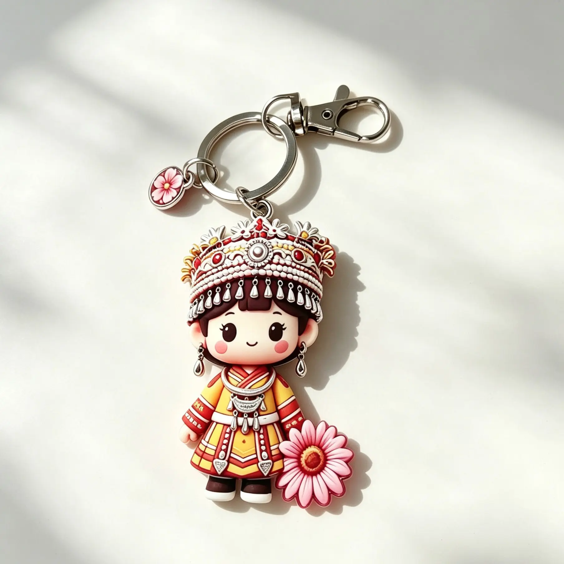 Ethnic Style Cartoon Girl Keychain, Silver Color Headpiece Doll Pendant, Flower Accessory, Creative Bag Charm, 1 Piece
