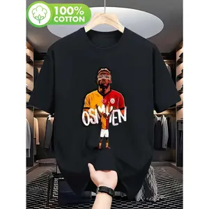 Men's Black Osimhen Soccer Portrait T-Shirt - Official Athlete Graphic Tee with NameNumber Print, Casual Round Neck Short Sleeve Shirt for Sports Fans, Durable Digital Transfer Design for all-Season