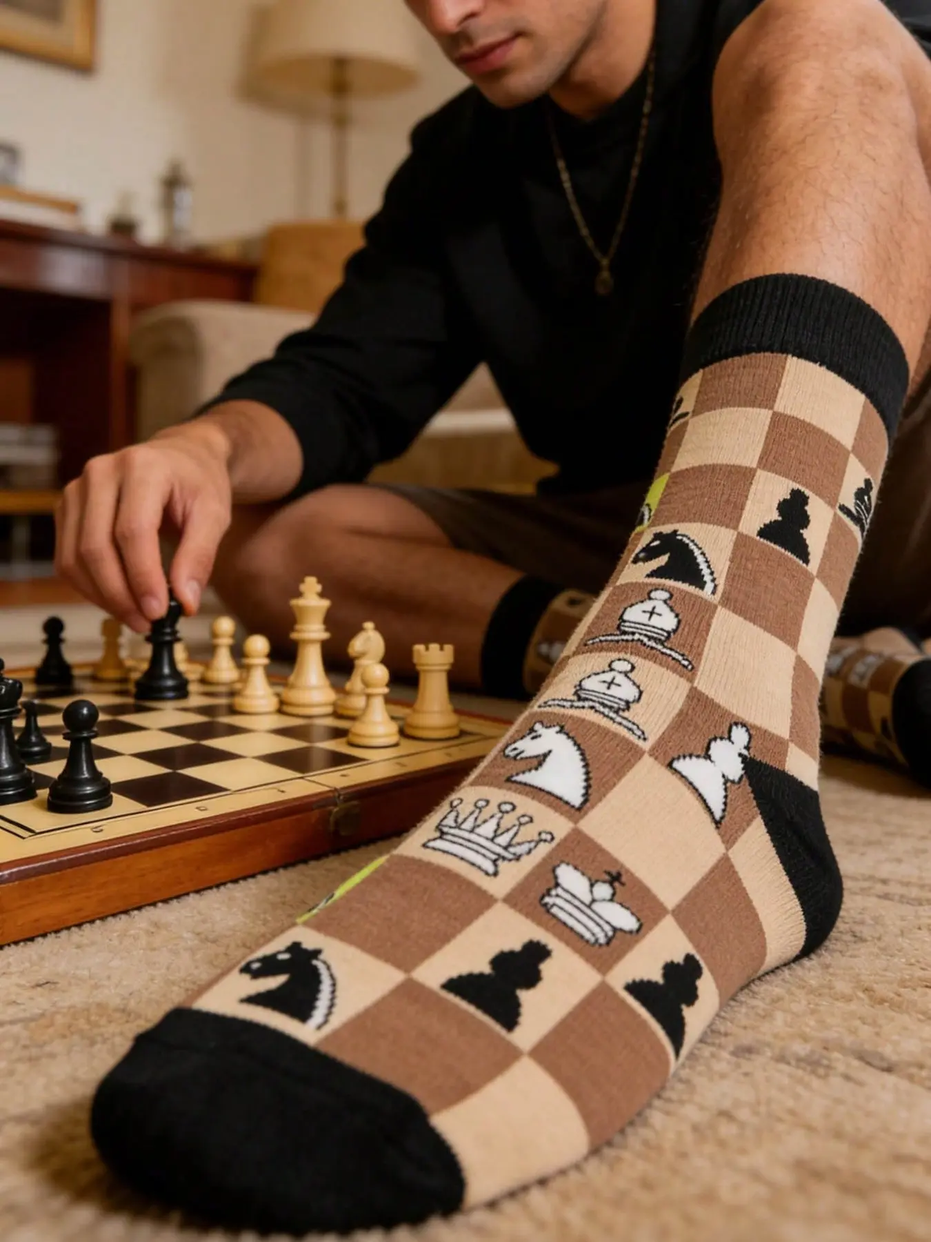 1 Pair of Chess Piece Print Knee-High Socks – Brown Checkered Knee-Highs – Unisex Fun Gift Socks for Chess Enthusiasts