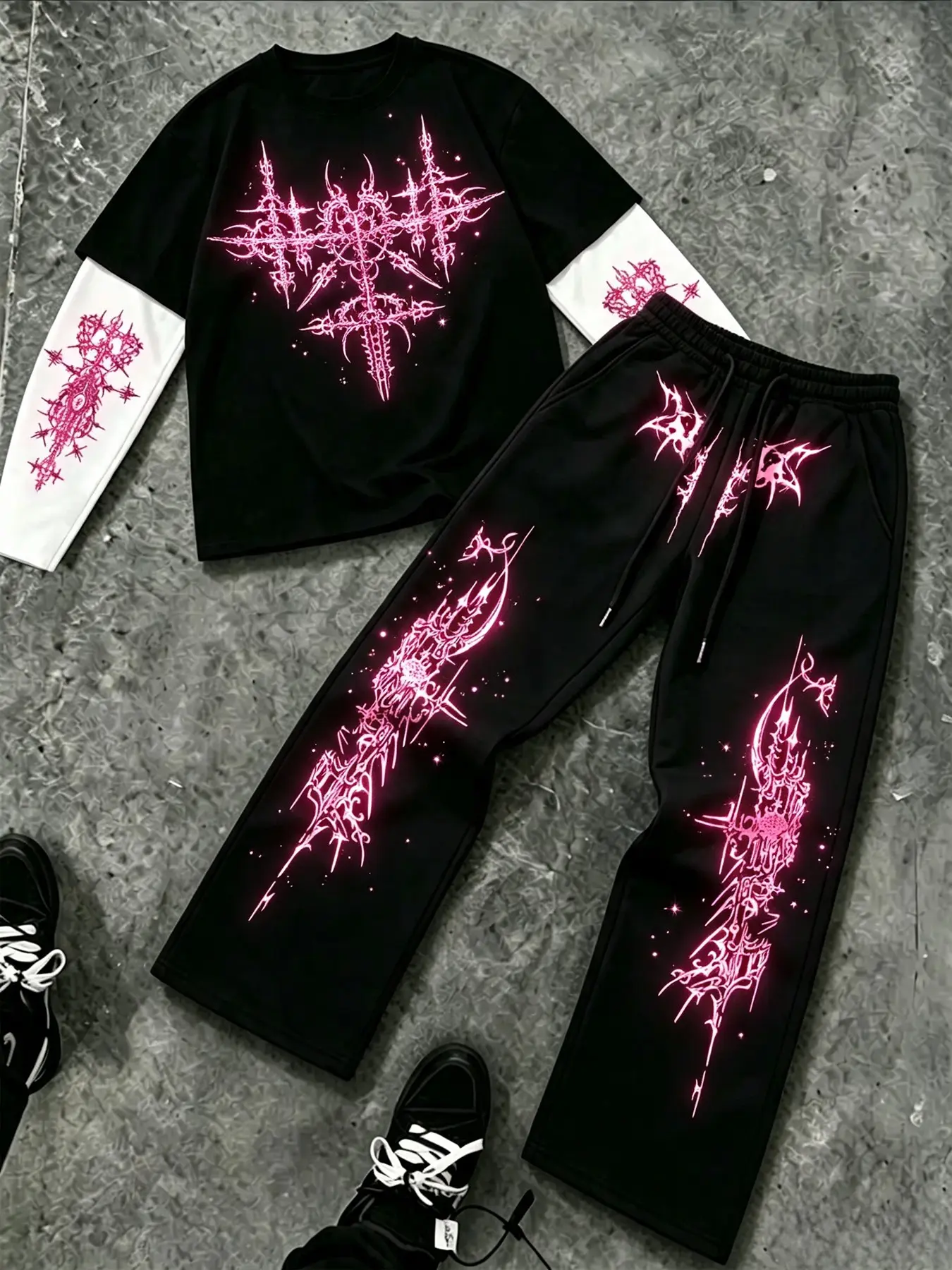 Men's Two-Piece Set, Long Sleeve Top and Wide-Leg Pants, Gothic Print, Contrast Sleeves, Punk Style