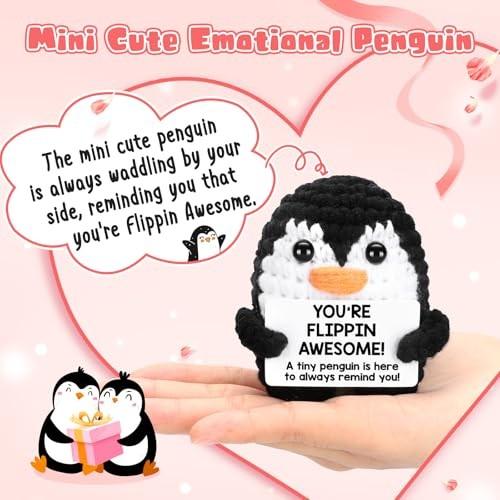 Positive Crochet Penguin, Mini Funny Inspirational Emotional Support Gift, Perfect for Galentines, Valentines Day, Birthdays & Holiday Surprises, Cute Handmade Stuffed Present for Women, Teens, Friends & Family to Bring Joy and Encouragement