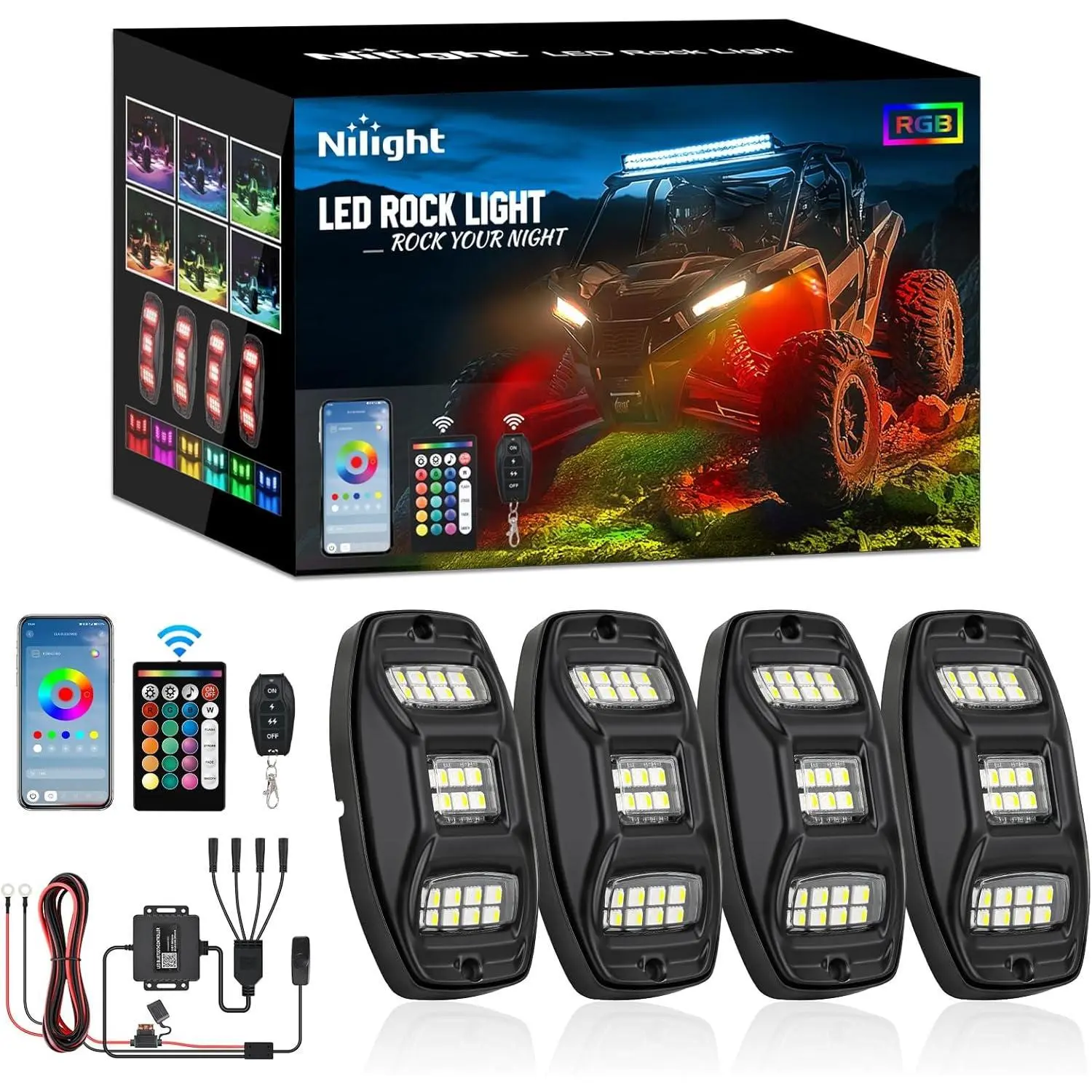 Nilight RGBW LED Rock Lights Kit, 4 Pods 22LED Wide Angle Remote & Bluetooth App Dual Control with Music Modes Multicolor Underglow Neon Wheel Well Light Fit for ATV UTV SUV Offroad Truck RZR Boat