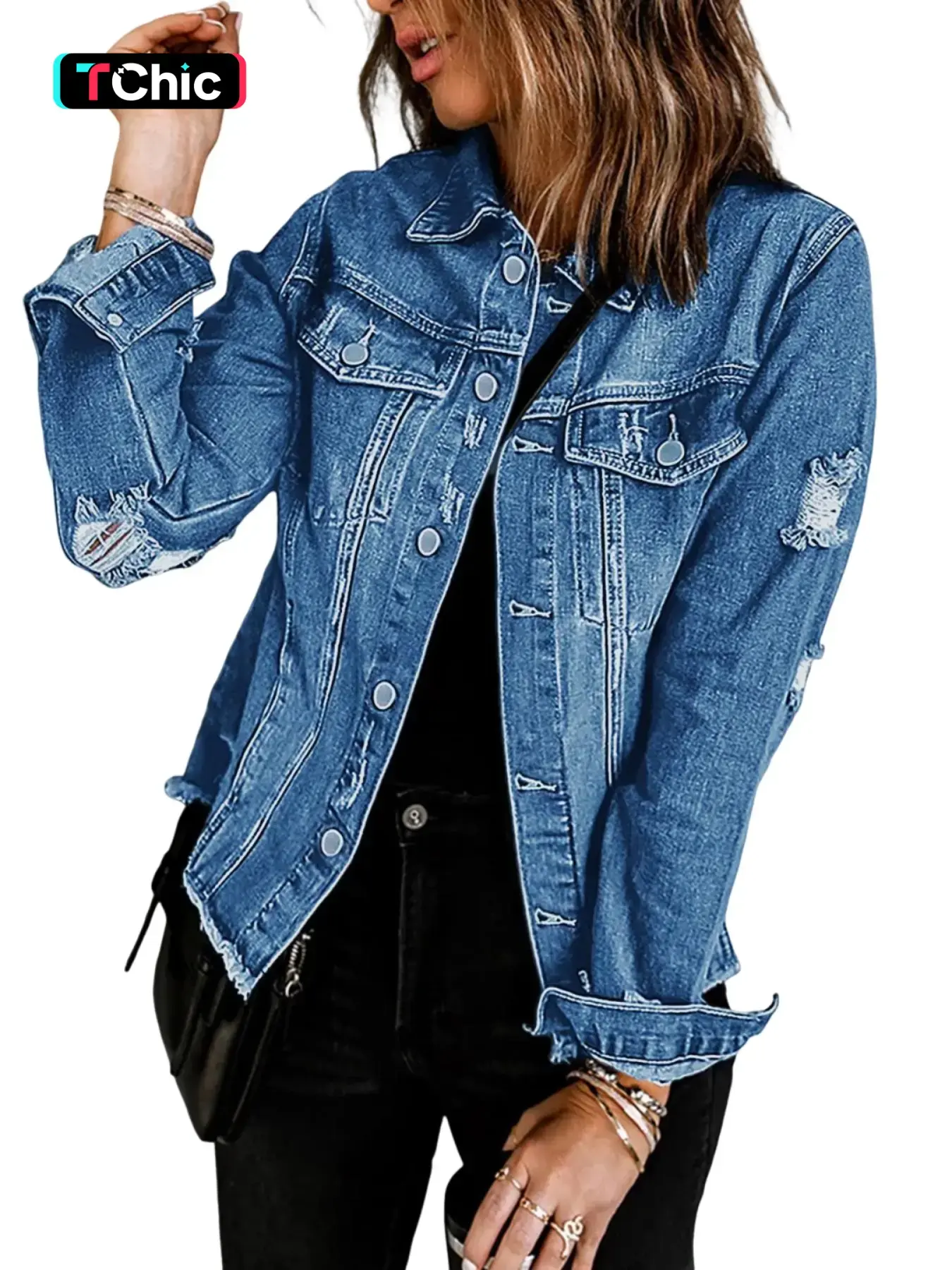 Women's Distressed Denim Jacket Coats, Casual Long Sleeve Top, Button Front, All Season Fashion, Essential Wardrobe Item, Fitted Style