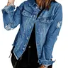 Women's Distressed Denim Jacket, Casual Long Sleeve Top, Button Front, All Season Fashion, Essential Wardrobe Item, Fitted Style, Fashionable Jacket