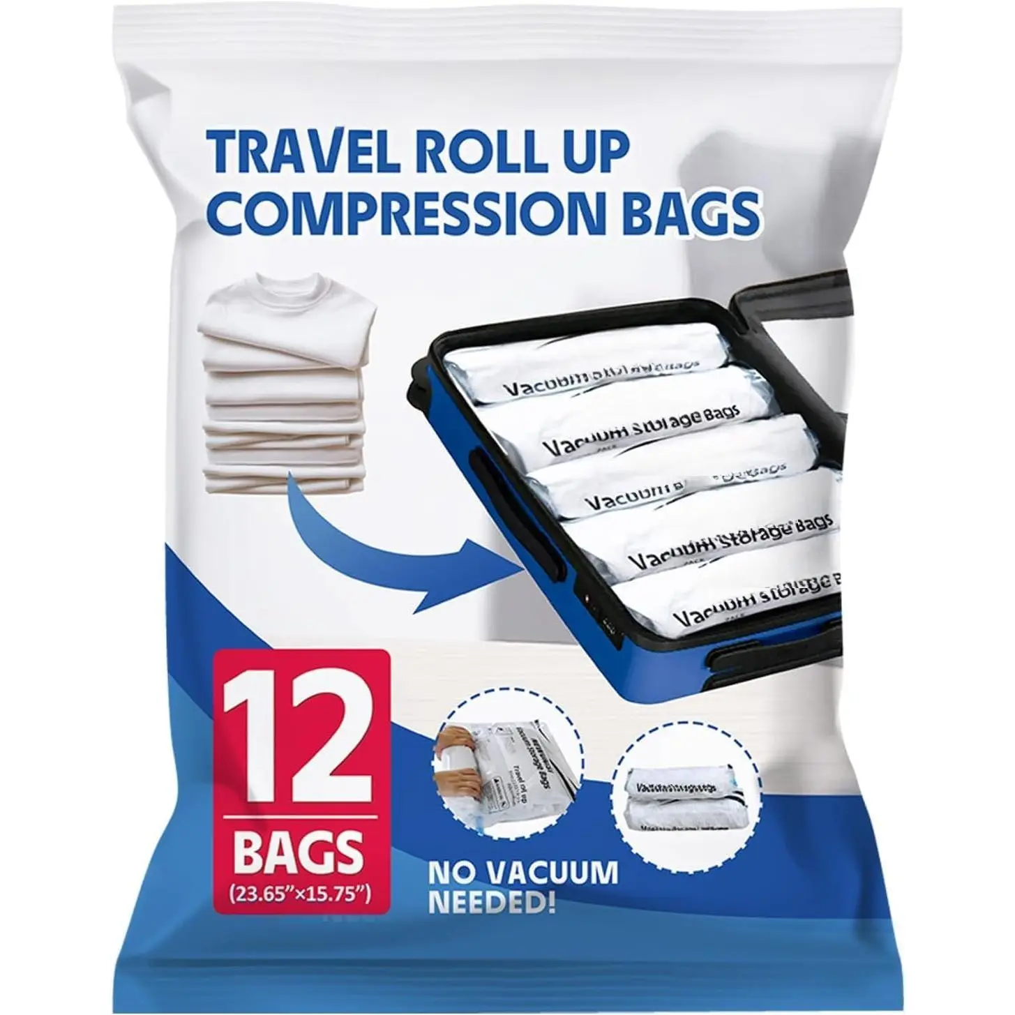 12-Pack Roll-Up Composite Airtight Travel Vacuum Storage Bags with Double Zip - No Pump Needed, 23.65in x 15.75in - Space-Saving Home Organizer Supplies for Luggage, Camping